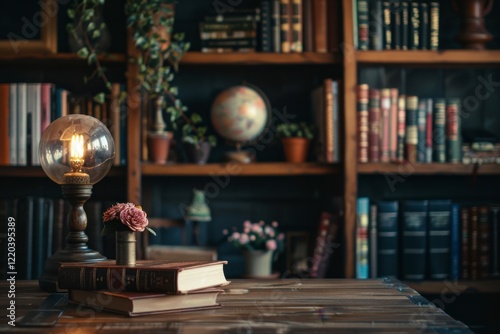 Cozy Reading Nook with Books, Lamp, Flowers, and Globe Decor
