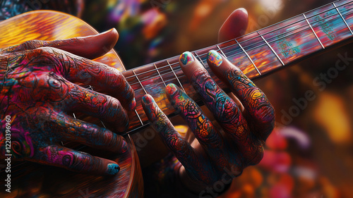 Close-up of hands playing an acoustic guitar with colorful strings and ingers in motion.-The-background is blurred to emphasize the subject with a focus on intricate patterns and textures. Ai generate