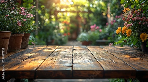 Rustic Wooden Table in Sunny Garden with Blooming Flowers