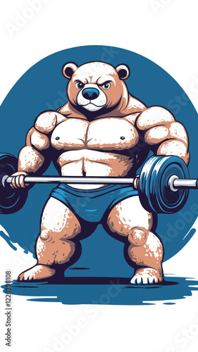 Powerlifting Cartoon Bear Lifting Barbell in Flat Minimalist Style Vector Illustration