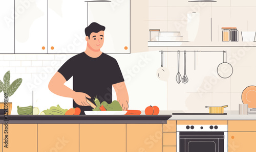 Flat Vector Illustration of Man Preparing Healthy Meal in Modern Kitchen for Home Cooking