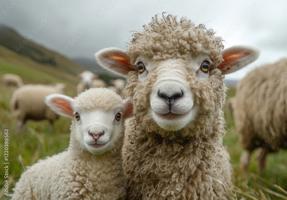 Adorable Sheep and Lamb Pair on Green Pasture with Dramatic Clouds, Capturing Nature’s Charm in a Scenic Rural Landscape Adorable Sheep and Lamb Pair on Green Pasture with Dramatic Clouds, Capturing Nature’s Charm in a Scenic Rural Landscape