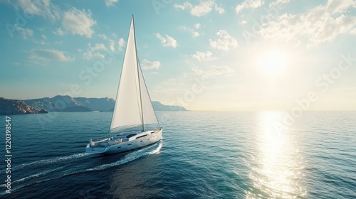 Fototapeta Naklejka Na Ścianę i Meble -  Sailboat on the sea sailing under bright sun and blue sky with mountain backdrop