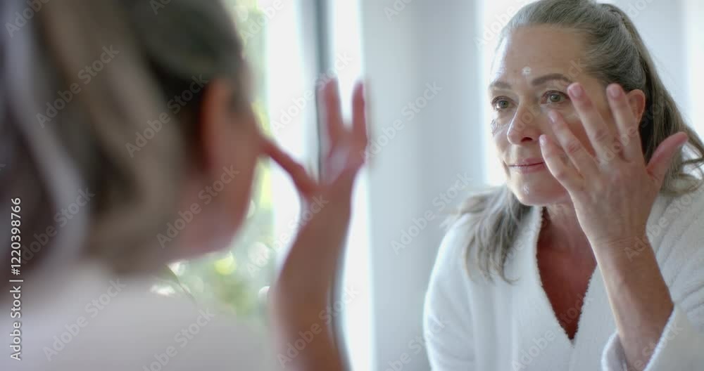 Applying skincare, mature woman in bathrobe looking in mirror at home, smiling