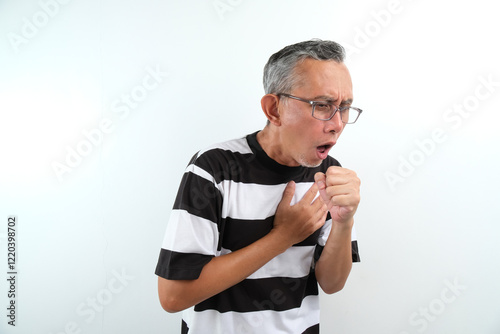 Adult Asian Man feeling unwell and coughing as a symptom of cold or bronchitis. health care concept
