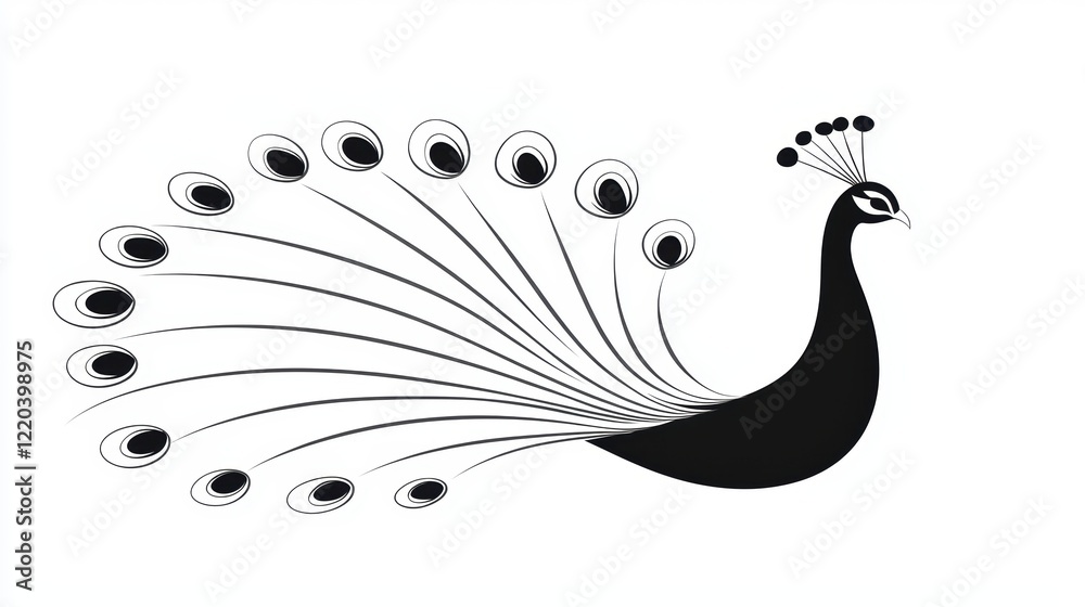 Fototapeta premium Elegant Black and White Peacock Illustration with Detailed Feathers