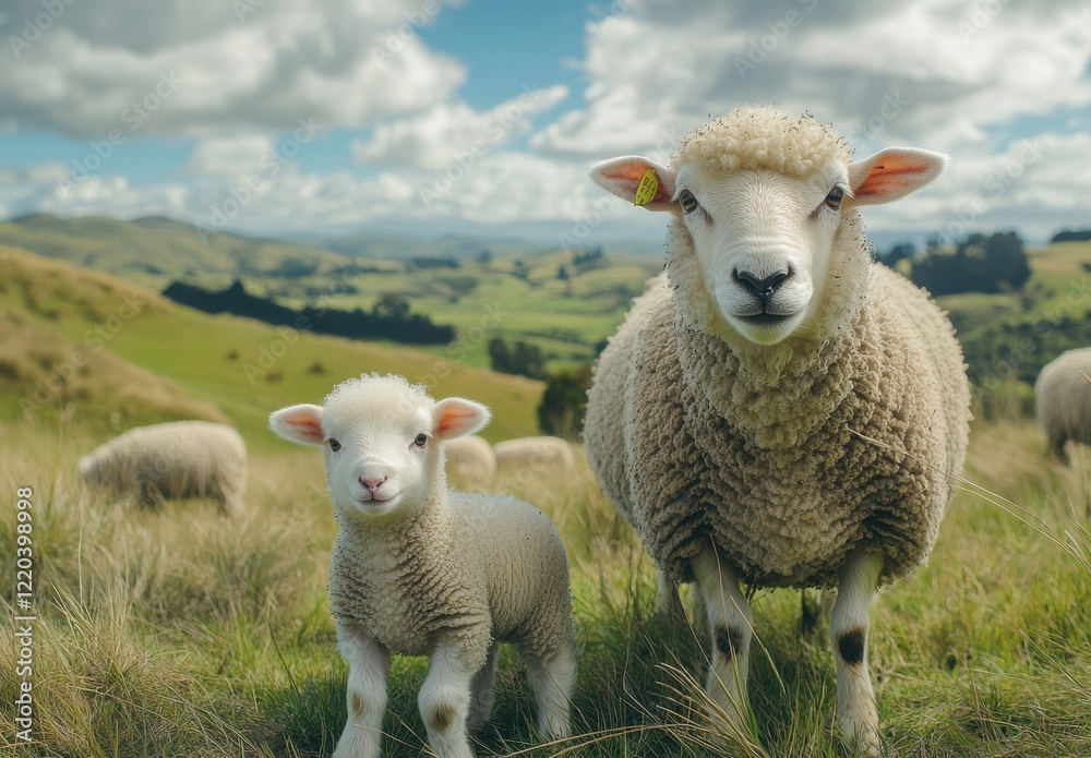 Adorable Sheep Family in Lush Green Pasture, Mother Sheep with Lamb in Beautiful Landscape Surrounded by Rolling Hills, Blue Sky, and Fluffy Clouds Under Natural Light Adorable Sheep Family in Lush Green Pasture, Mother Sheep with Lamb in Beautiful Landscape Surrounded by Rolling Hills, Blue Sky, and Fluffy Clouds Under Natural Light