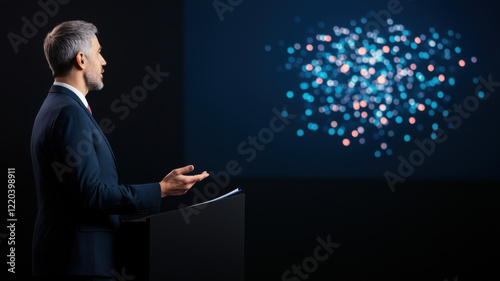 keynote speaker presenting on stage with colorful background
