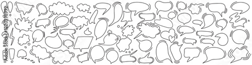 Big set of dialog boxes, different variants are hand drawn. Collection of speech bubbles for conversation, dialogue, decoration on white background. Blank comics conversations. Vector