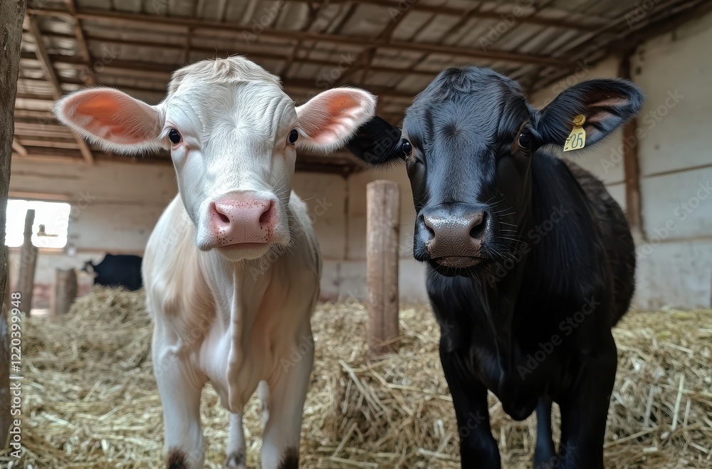 Adorable Young Calves in a Barn Setting, Capturing the Innocence and Charm of Farm Life with Soft Fur, Big Eyes, and Playful Expressions in a Rustic Environment Adorable Young Calves in a Barn Setting, Capturing the Innocence and Charm of Farm Life with Soft Fur, Big Eyes, and Playful Expressions in a Rustic Environment