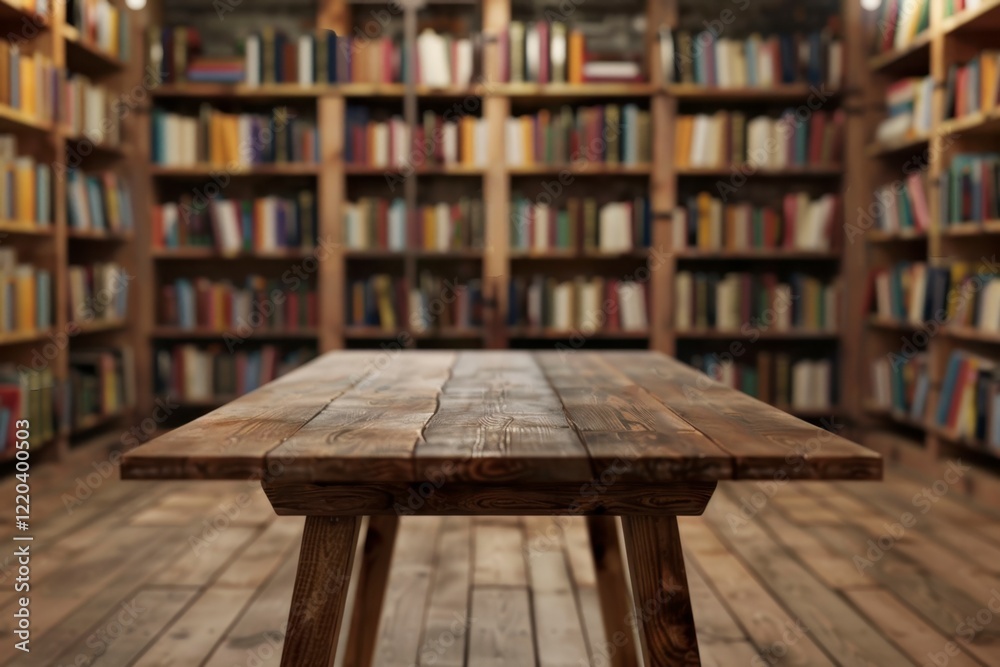 Cozy Library Interior with Wooden Table and Bookshelves in Background Cozy Library Interior with Wooden Table and Bookshelves in Background