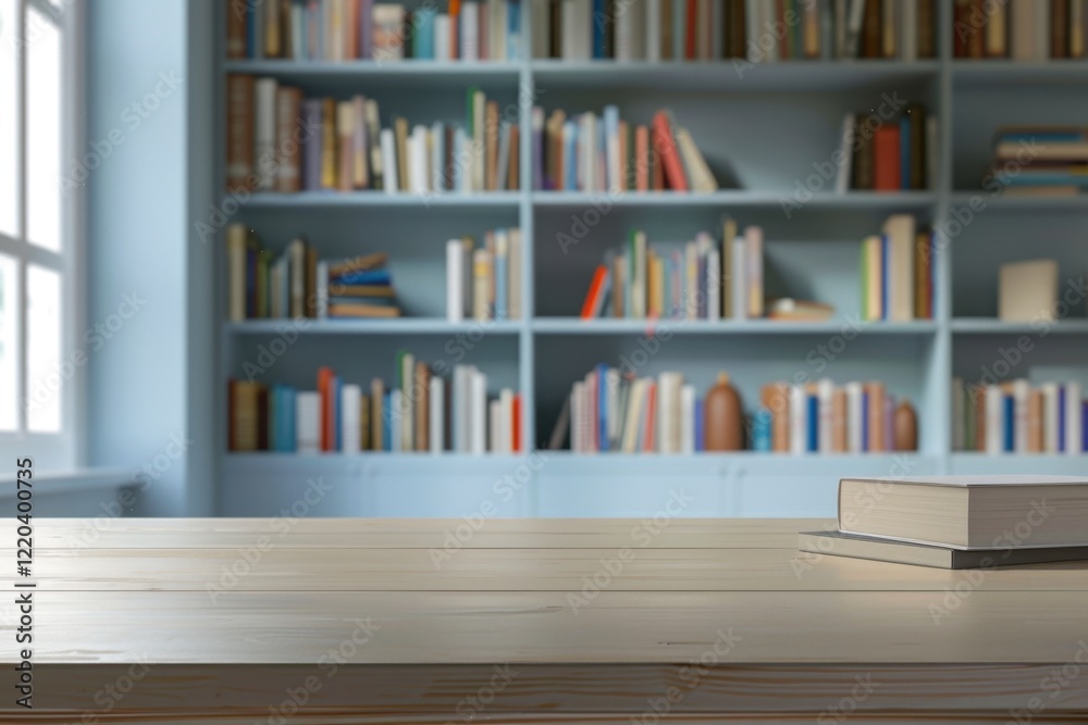 Modern Workspace with Wooden Table and Bookshelves in Background Modern Workspace with Wooden Table and Bookshelves in Background