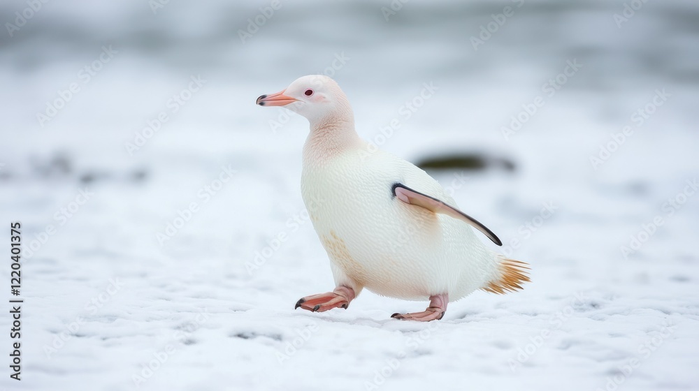 A rare albino penguin waddling across the snow in a cold, polar landscape. A rare albino penguin waddling across the snow in a cold, polar landscape.