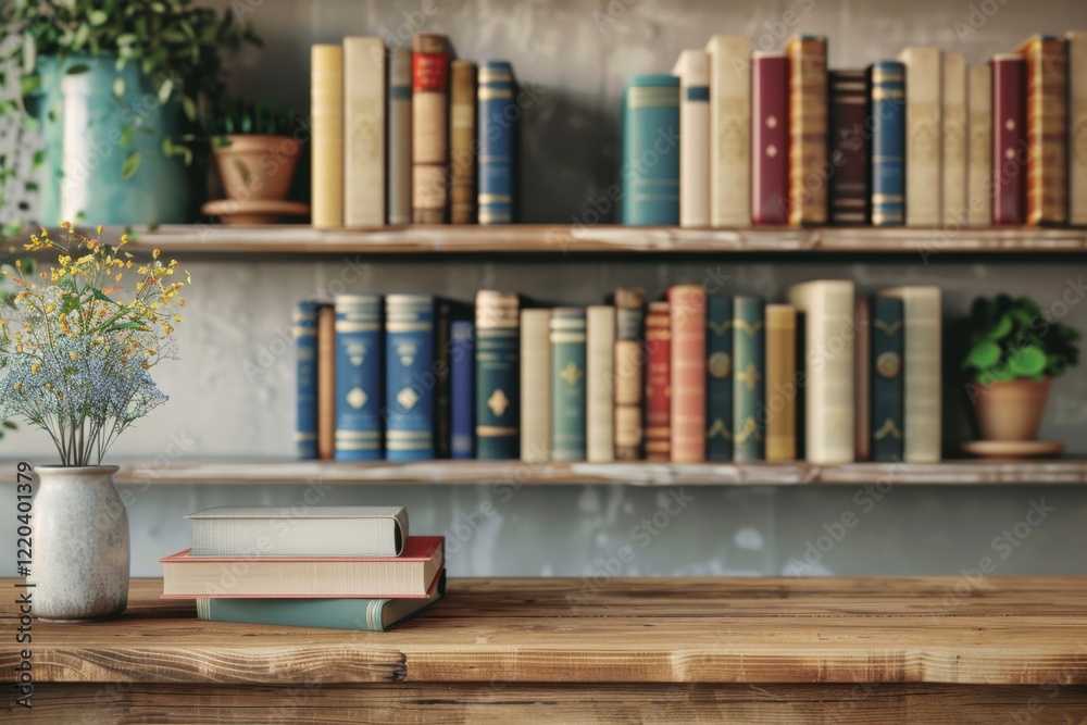 Naklejka premium Cozy Interior with Vintage Books and Aesthetic Floral Arrangement