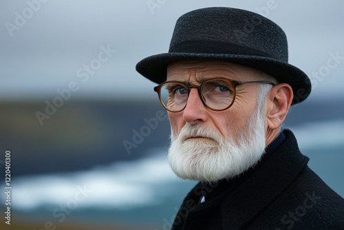 Elderly Irish man with a thick white beard, wearing round glasses and a black textured hat, gazes thoughtfully while standing outdoors against a blurred coastal background with cliffs and ocean waves photo