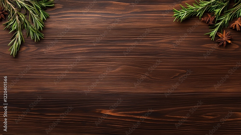 Natural Wood Background with Greenery and Spices for Rustic Decor Natural Wood Background with Greenery and Spices for Rustic Decor