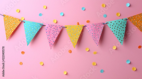 Colorful party decorations with confetti on pink backdrop photo