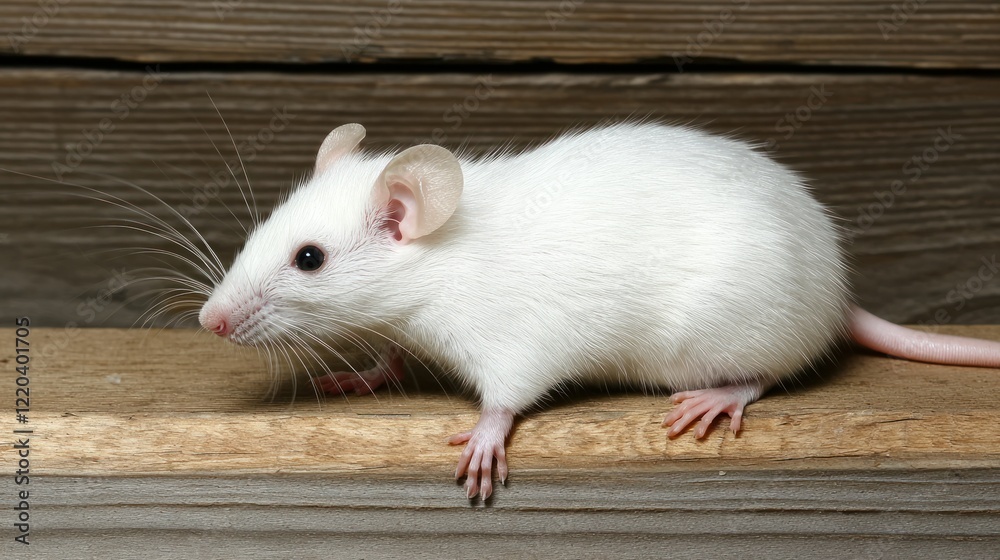 Obraz premium An albino rat perched on a wooden surface, with soft lighting highlighting its pale fur.