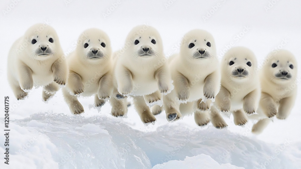 Five white seal pups bounding in unison over a snowy surface in a symmetrical row Five white seal pups bounding in unison over a snowy surface in a symmetrical row
