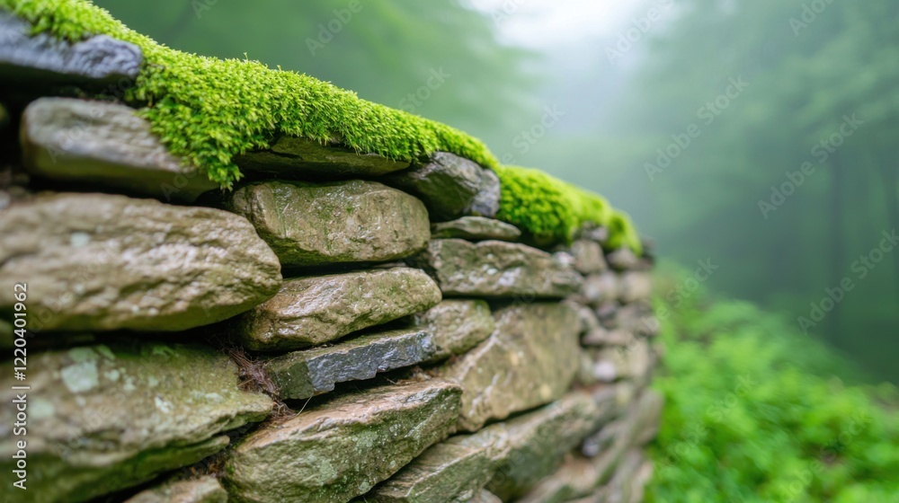Lush Green Moss on Weathered Stone Wall in Serene Forest Setting Lush Green Moss on Weathered Stone Wall in Serene Forest Setting