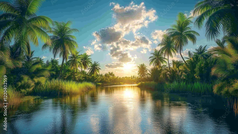 Serene Oasis Sunset Palm Trees and a Calm River Serene Oasis Sunset Palm Trees and a Calm River