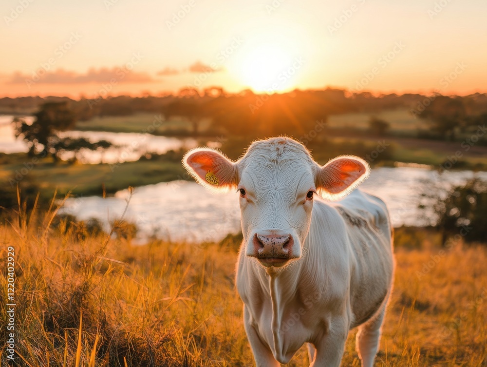 Calf Grazing in Meadow During Sunset with Water Reflections in Background, Showcasing Serene Rural Landscape and Natural Beauty of Farm Life Calf Grazing in Meadow During Sunset with Water Reflections in Background, Showcasing Serene Rural Landscape and Natural Beauty of Farm Life