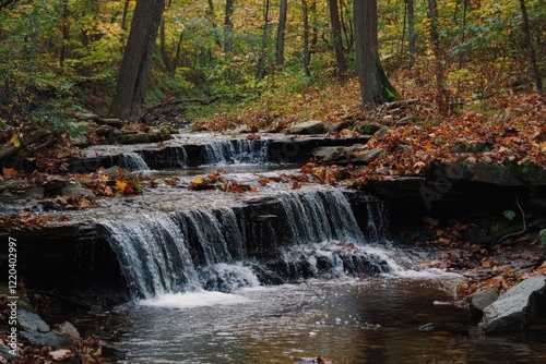 Cascading waterfall flowing through autumn forest