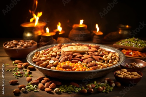 Nowruz, the persian new year, celebration with a haft seen table setting featuring a variety of dry fruits, nuts, and symbolic items illuminated by candlelight photo