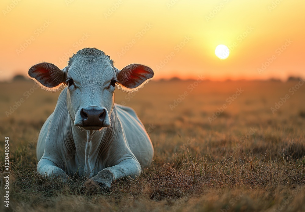 Calm White Cow Relaxing in Field at Sunset with Warm Golden Light Illuminating the Landscape and Creating a Serene Atmosphere in Nature Calm White Cow Relaxing in Field at Sunset with Warm Golden Light Illuminating the Landscape and Creating a Serene Atmosphere in Nature