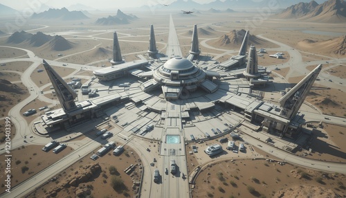 Futuristic desert base with multiple buildings and vehicles under a clear sky and flying planes. Military outpost 