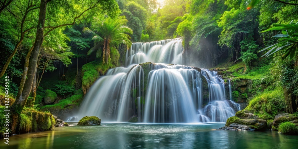 Waterfall cascading gracefully in the midst of a lush forest, foliage, forest, foliage, forest Waterfall cascading gracefully in the midst of a lush forest, foliage, forest, foliage, forest