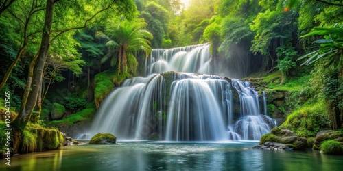 Waterfall cascading gracefully in the midst of a lush forest, foliage, forest,  foliage, forest
