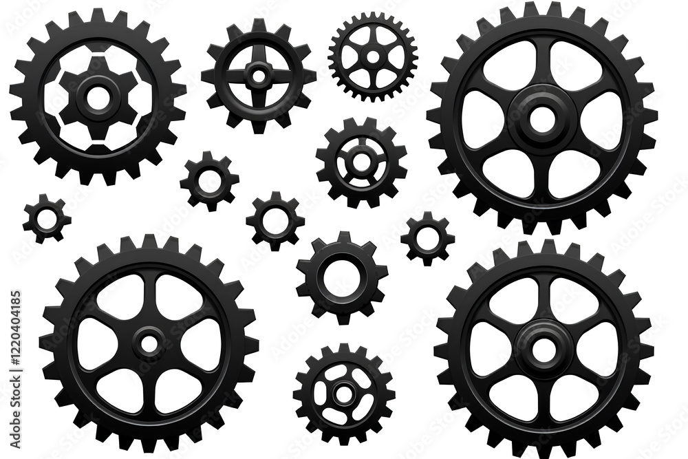A collection of 3D rendered black gears of varying sizes and designs, positioned against a clean white background, offering mechanical visual assets for design. A collection of 3D rendered black gears of varying sizes and designs, positioned against a clean white background, offering mechanical visual assets for design.