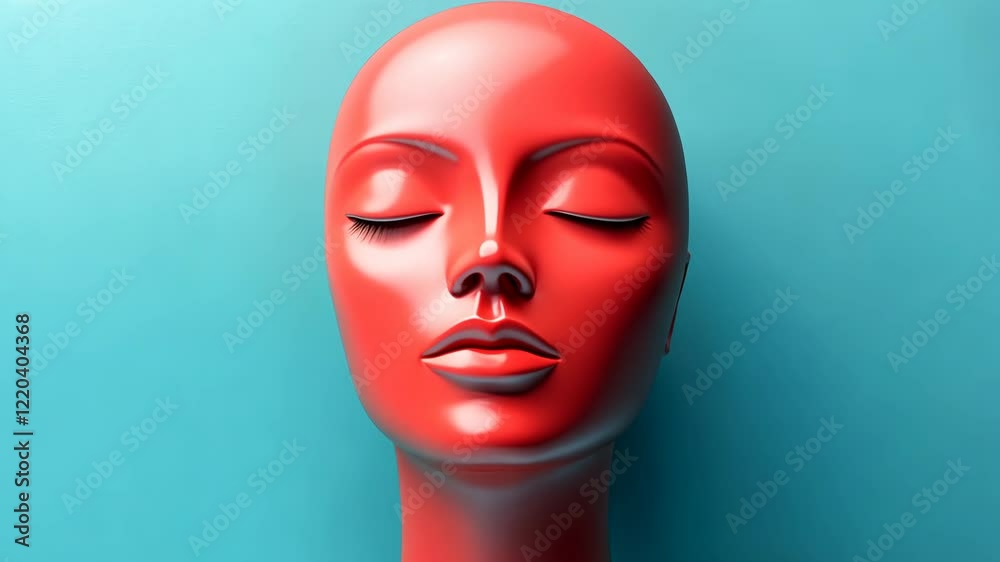 Unique red mannequin head against a bright blue background, showcasing modern design and artistry Unique red mannequin head against a bright blue background, showcasing modern design and artistry