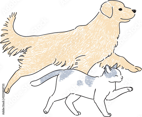 仲の良い犬と猫が並んで歩いている手書きイラスト