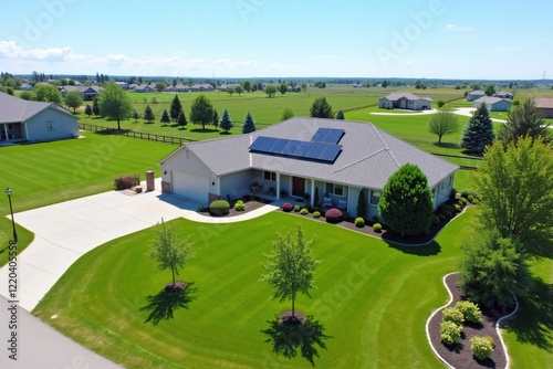 A beautifully maintained suburban home featuring solar panels on the roof, surrounded by a lush green lawn and landscaping, situated in a peaceful and scenic countryside neighborhood.