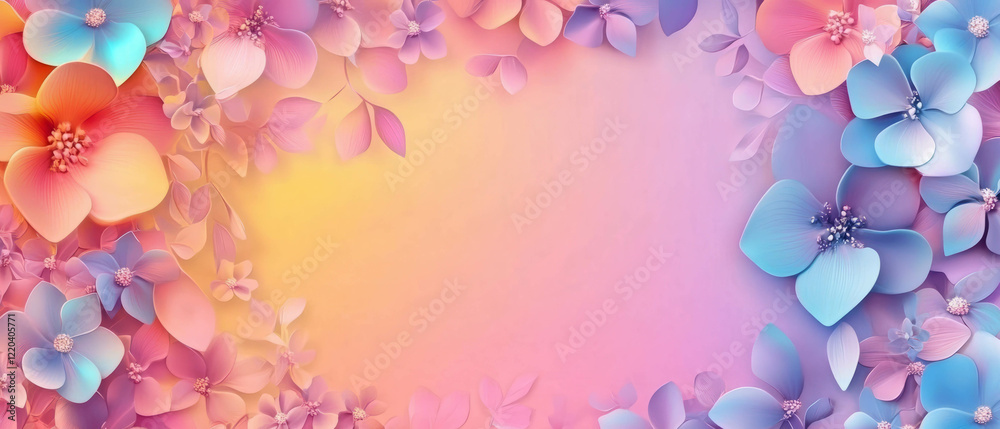 Holographic gradients blend with floral elements in a seamless, vibrant display