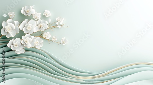 Serene Floral Waves: A Tranquil Abstract Art Composition with White Blossoms