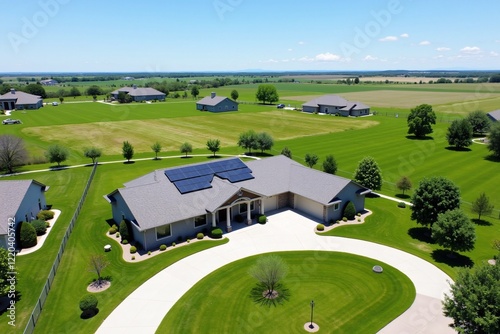 A beautifully maintained suburban home featuring solar panels on the roof, surrounded by a lush green lawn and landscaping, situated in a peaceful and scenic countryside neighborhood.