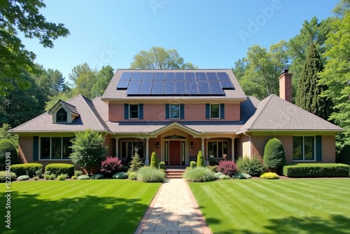 Elegant suburban house featuring renewable energy solar panels on the roof and a landscaped lawn surrounded by lush greenery, symbolizing eco-living and sustainable design.