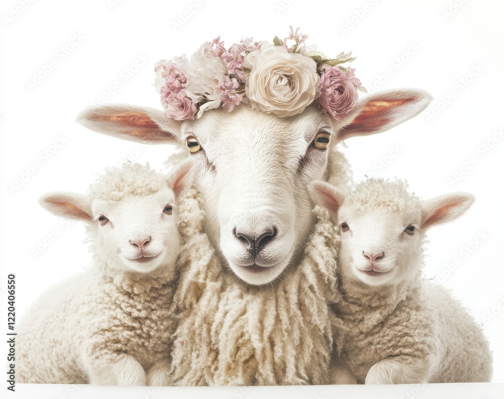 Obraz premium Charming Mother Sheep with Floral Crown Posing with Two Adorable Lambs in a Bright and Softly Lit Environment for Engaging Farm and Animal-Themed Projects