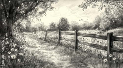 A delicate charcoal sketch of a quiet countryside scene, an old wooden fence dividing lush meadows, wildflowers scattered