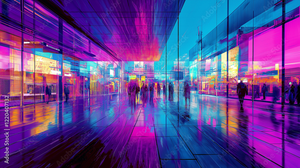 bustling city station square, glitch art