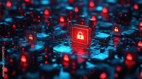 Abstract digital landscape featuring glowing red lock icons on circuit-like blue structures, symbolizing cybersecurity and data protection.
