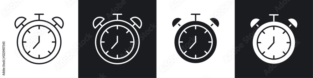 Alarm clock icons collection in black and white solid and line style Alarm clock icons collection in black and white solid and line style