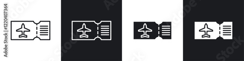 Airline ticket icons collection in black and white solid and line style
