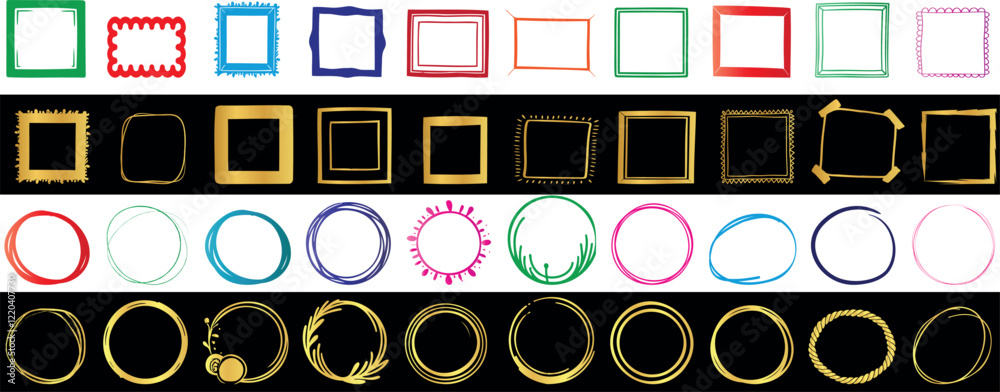 Square frames, circle frames vector set, abstract borders in gold, colorful decorative design elements, modern minimalist frame set, geometric shapes for artwork, invitations, graphic projects Square frames, circle frames vector set, abstract borders in gold, colorful decorative design elements, modern minimalist frame set, geometric shapes for artwork, invitations, graphic projects