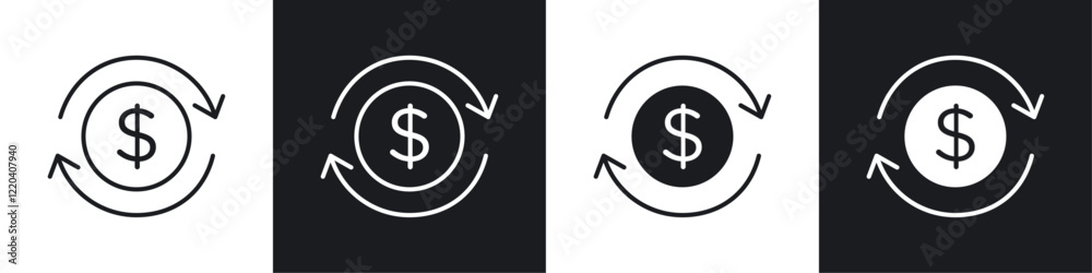 Cash flow icons collection in black and white solid and line style Cash flow icons collection in black and white solid and line style
