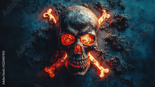 Fiery skull and crossbones design with glowing eyes and a dramatic dark background, evoking themes of danger and death.