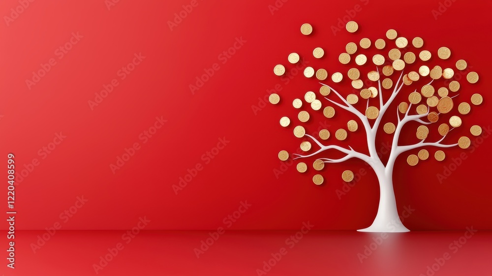 Prosperity Tree with Golden Coins on Vibrant Red Background Prosperity Tree with Golden Coins on Vibrant Red Background